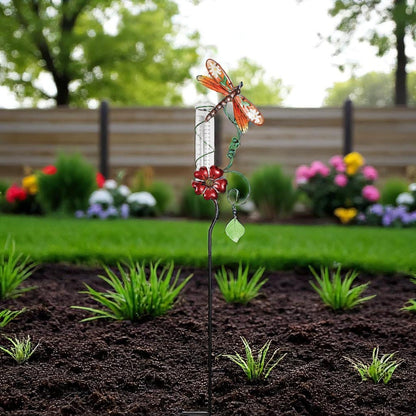Dragonfly Rain Gauge, Charming Metal Garden Accessory, Functional Rain Collector, Unique Gift for Nature Enthusiasts Outdoor Decor