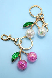 Pearlie Cherry Drop Keychain, Croquette Preppy Bag Charm with Leaf Accent, Stylish Purse Accessory, Gift for Her