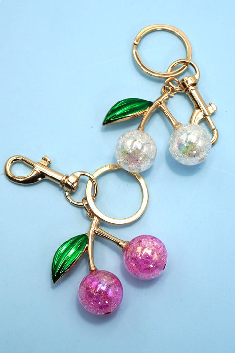 Pearlie Cherry Drop Keychain, Croquette Preppy Bag Charm with Leaf Accent, Stylish Purse Accessory, Gift for Her