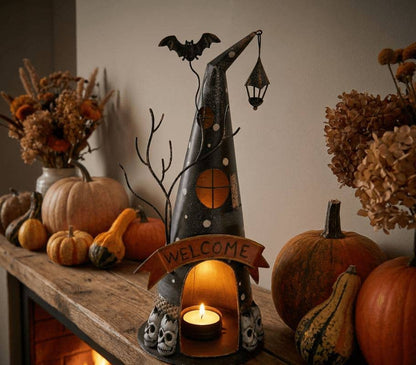 Metal Halloween Witch Hat Candle Holder Statue