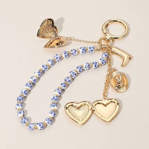 Heart Locket Pearl Wristlet Keychain Charm, Adorable Bow, Cherry & Cowboy Hat Designs, Chic Bag Bling Gift for Her Keychains