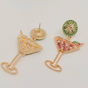 Lemon Slice & Rhinestone High Wine Glass Earrings, Vibrant Cocktail Inspired Jewelry, Fun Gift for Girly Glam Chic Earrings