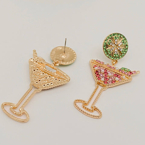 Lemon Slice & Rhinestone High Wine Glass Earrings, Vibrant Cocktail Inspired Jewelry, Fun Gift for Girly Glam Chic Earrings