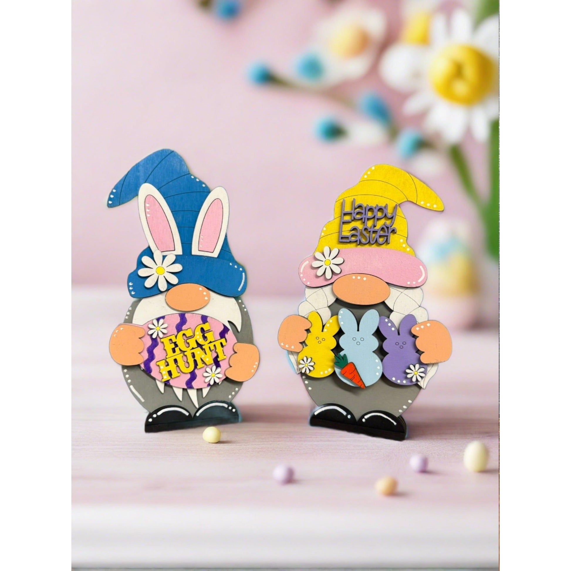Easter Bunny Gnomes Shelf Sitter Whimsical Tiered Tray Decor Spring Gnome Couple - Nifty Decor & More