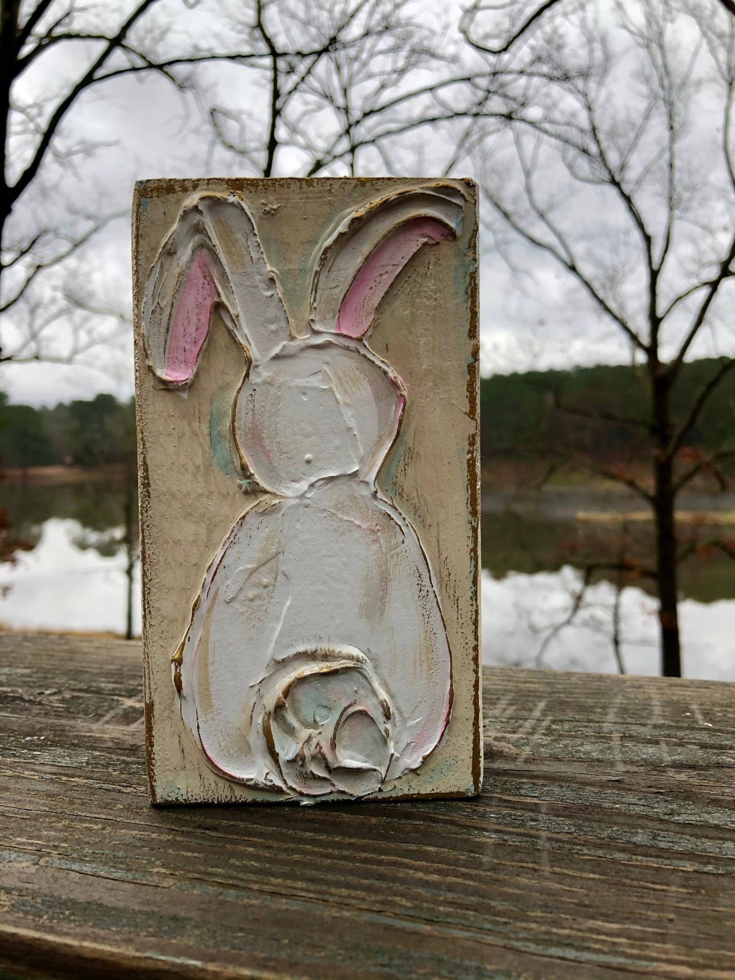 Easter Bunny Rabbit handmade textured wood block - Nifty Decor & More