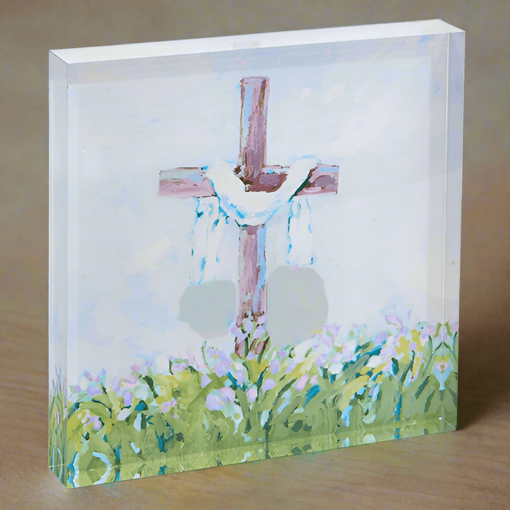 Easter Cross Acrylic Block - 8" Decorative Easter Decor, Religious Gift for Easter, Holiday Home Decoration, Unique Display Piece - Nifty Decor & More