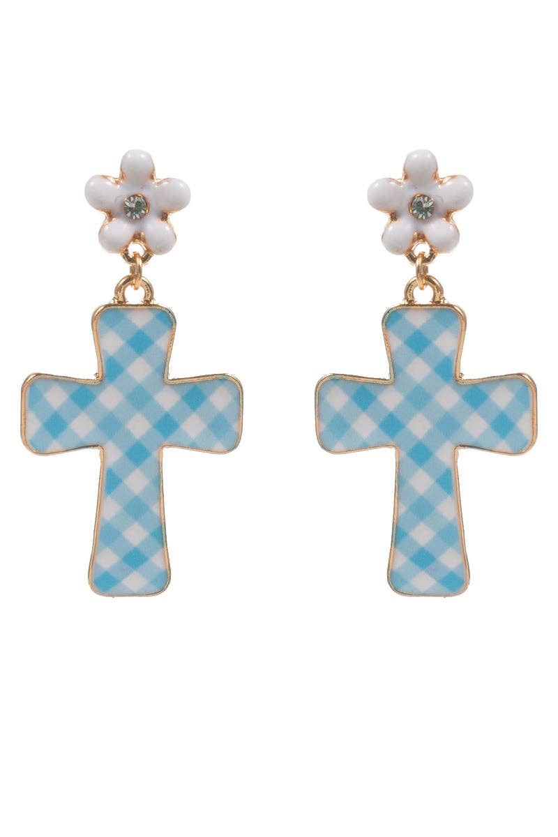 Blue gingham cross earrings with white flower tops on a white background