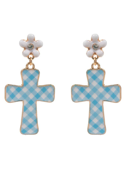 Blue gingham cross earrings with white flower tops on a white background