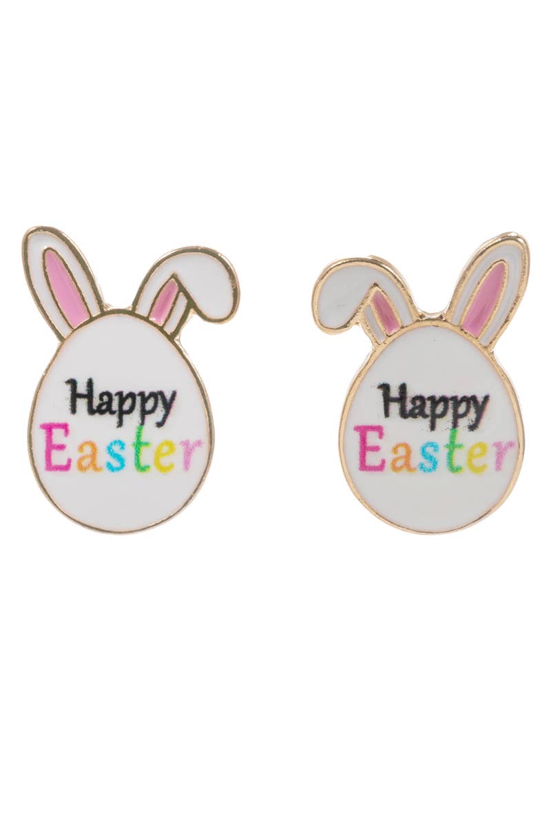 Easter-themed earrings with bunny ears and 'Happy Easter' text on a white background