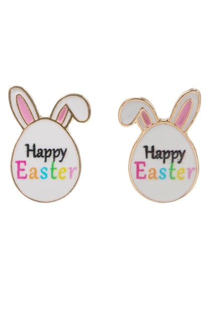 Easter-themed earrings with bunny ears and 'Happy Easter' text on a white background