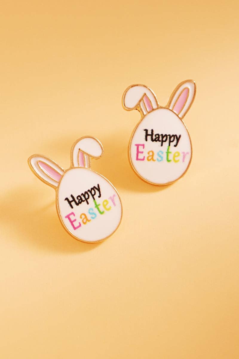 Two Easter-themed earrings with 'Happy Easter' text on a yellow background