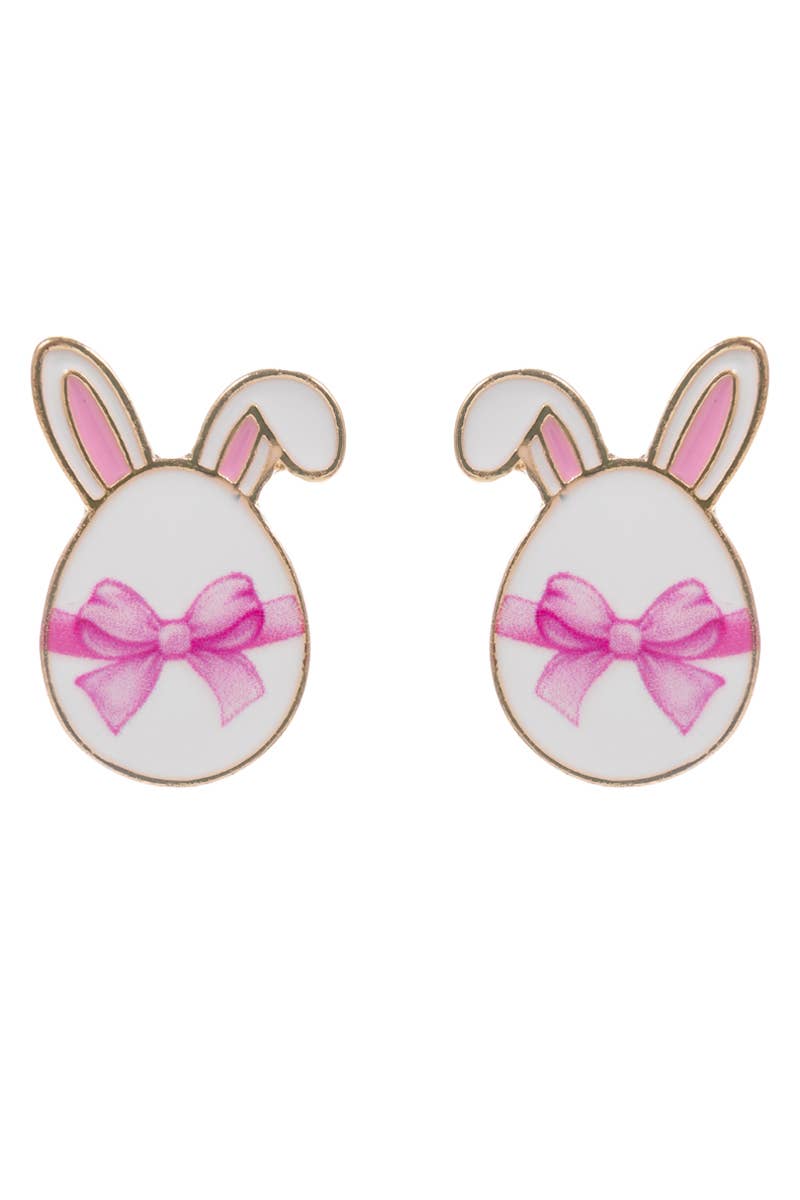 Easter egg-shaped earrings with bunny ears and pink bows on a white background