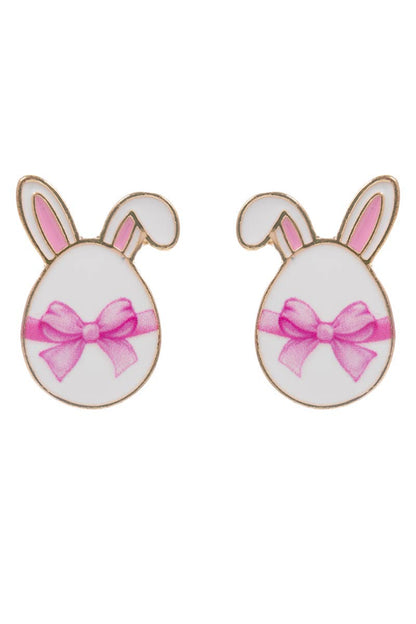 Easter egg-shaped earrings with bunny ears and pink bows on a white background
