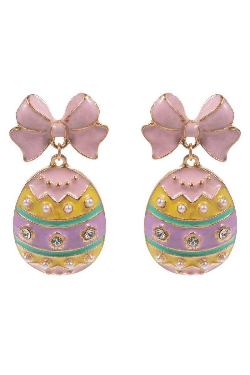 Pair of earrings with pink bows and colorful egg designs on a white background