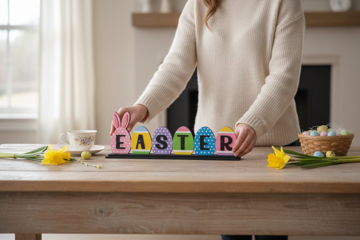 Easter Egg Shelf Sitter Sign, Wooden Bunny Egg Decor, Spring Tiered Tray Tabletop Decor Easter Shelf Sitter