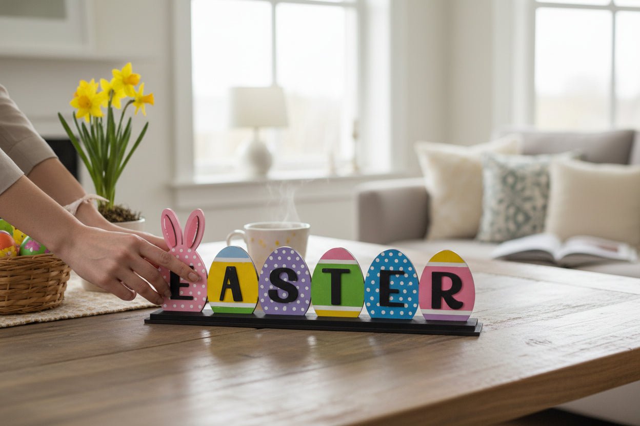 Easter Egg Shelf Sitter Sign, Wooden Bunny Egg Decor, Spring Tiered Tray Tabletop Decor Easter Shelf Sitter