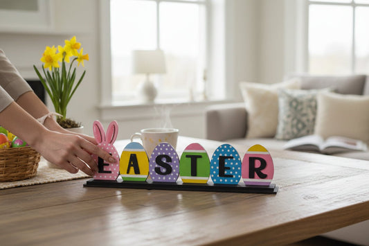 Easter Egg Shelf Sitter Sign, Wooden Bunny Egg Decor, Spring Tiered Tray Tabletop Decor Easter Shelf Sitter