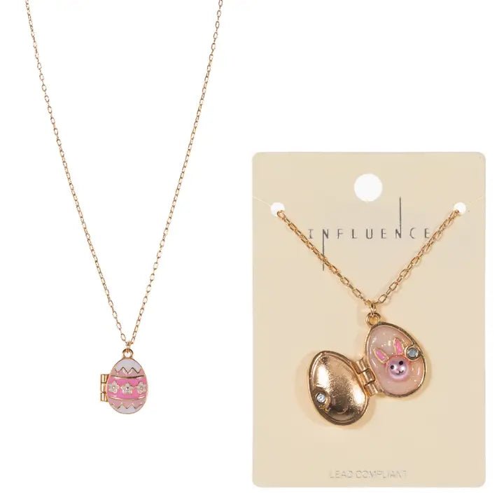 Easter Egg W Bunny Enamel Locket Short Necklace - Nifty Decor & More