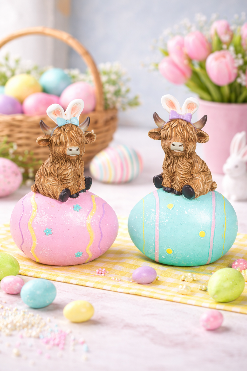 Easter Highland Cow On Egg Tabletop - Nifty Decor & More
