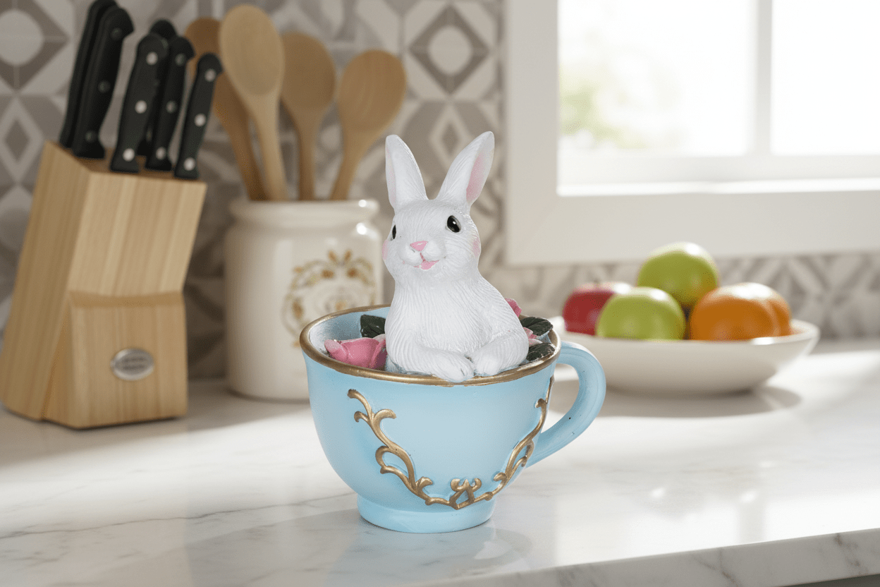 Easter White Bunny In Tea Cup Decorative Figurine - Nifty Decor & More