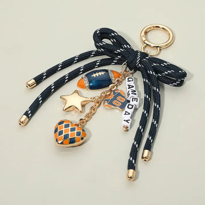 Football Charm Game Day Message Beaded Rope Bow Accent Keychain / Bag Charm Gold Navy Orange