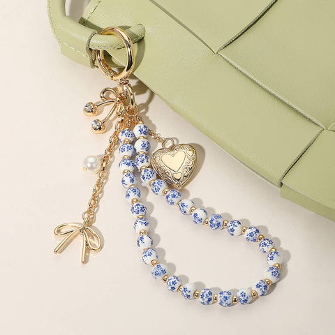 Heart Locket Bow Cherry Pearl Wristlet Keychain Bag Charm