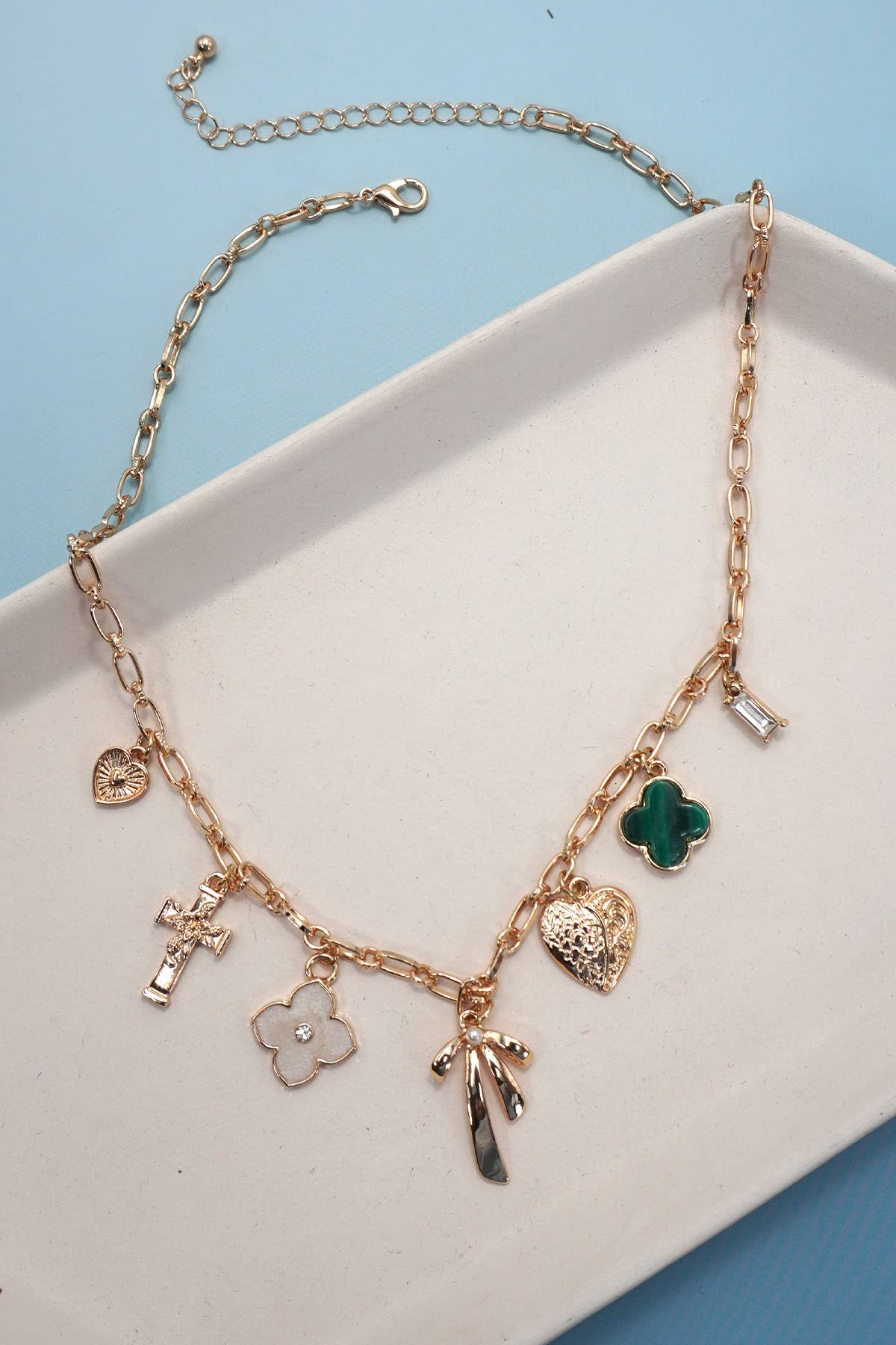 Green Clover Bow Cross Heart Charm Necklace