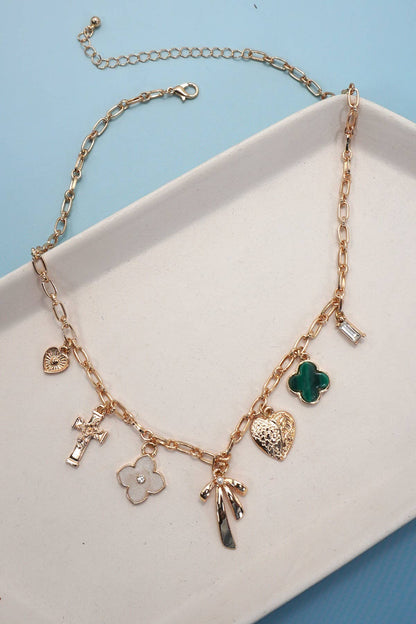 Green Clover Bow Cross Heart Charm Necklace