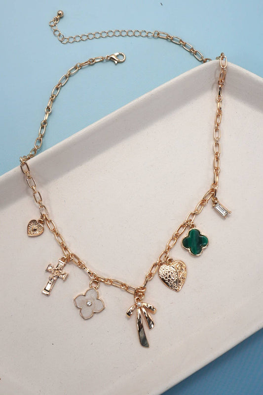 Green Clover Bow Cross Heart Charm Necklace