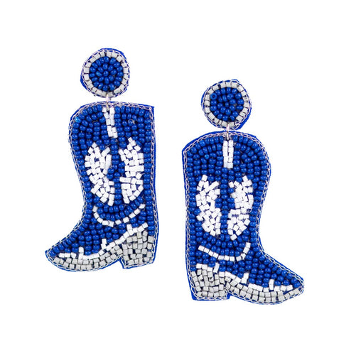 Cowgirl Boots Beaded Earrings, Vibrant Blue & White 2.5" Statement Jewelry for Western Style Lovers, Perfect Gift for Her Chic Earrings Blue