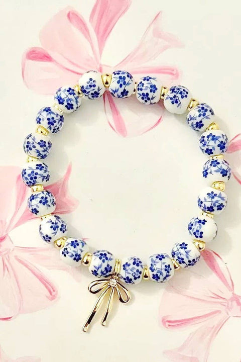 Blue Bracelet with Floral Porcelain Bow Charm, Stylish Wristwear for Elegant Everyday Look, Perfect Gift for Her Bracelets