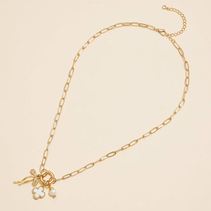 Elegant Gold Dipped Bow Necklace Featuring Clover & Pearl, Charming Addition to Bracelet or Necklace, Gift Idea Necklace
