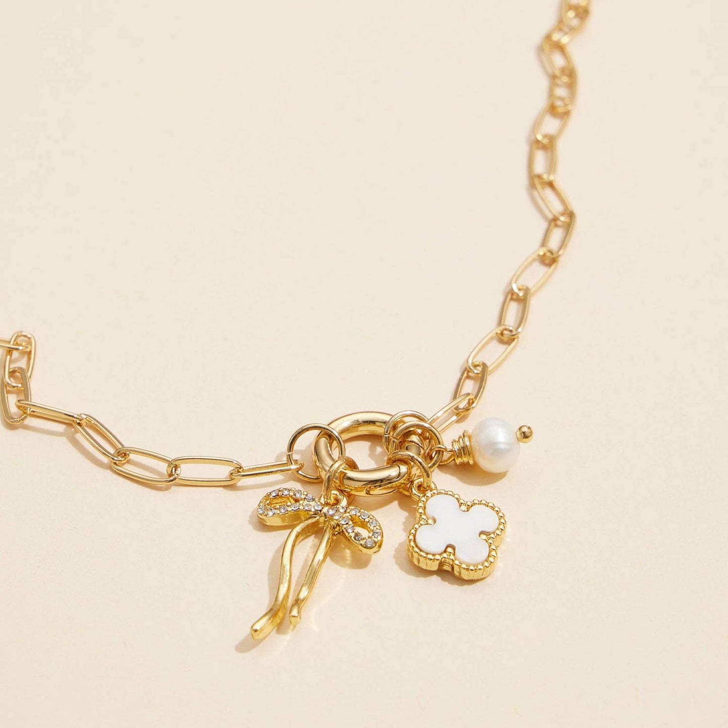 Elegant Gold Dipped Bow Necklace Featuring Clover & Pearl, Charming Addition to Bracelet or Necklace, Gift Idea Necklace