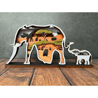 Elephant Mother and Baby 3D Shelf Sitter Handcrafted Wooden Wildlife Home Decor - Nifty Decor & More