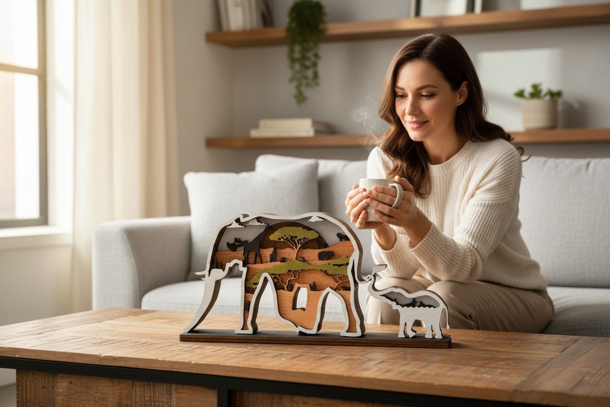 Elephant Mother and Baby 3D Shelf Sitter Handcrafted Wooden Wildlife Home Decor - Nifty Decor & More