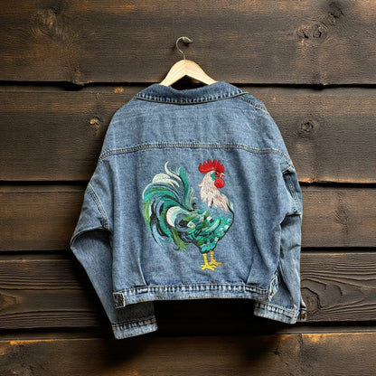 Embroidered Rooster Denim Jacket - Nifty Decor & More