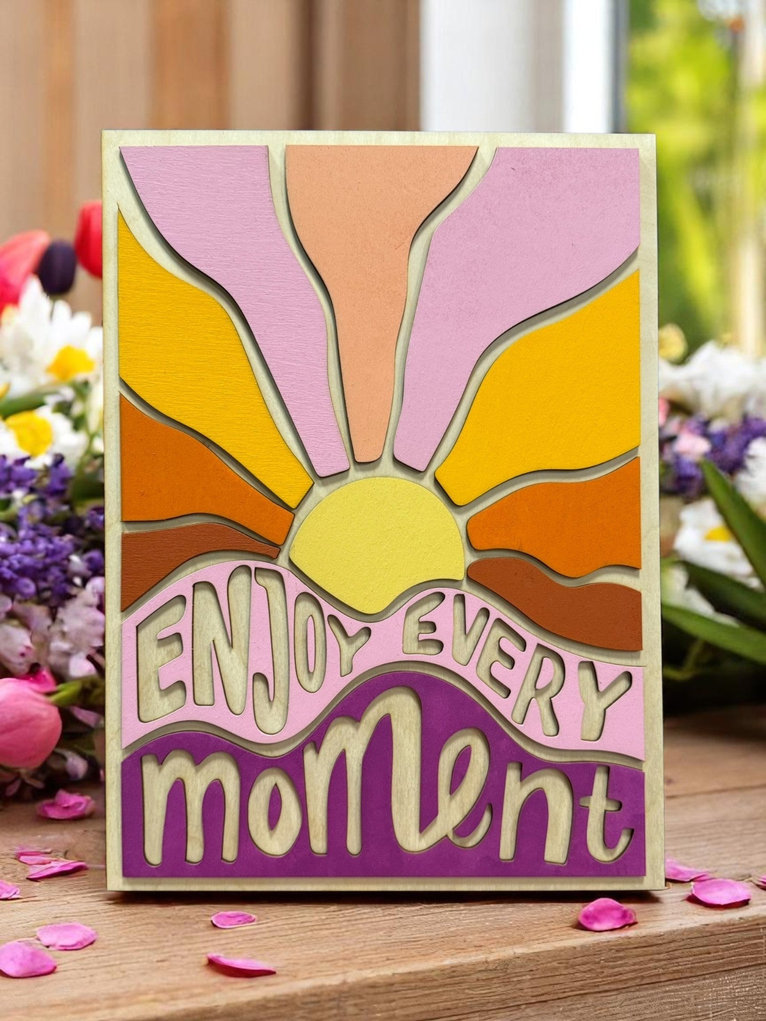 Enjoy Every Moment Colorful Wall Decor, Vibrant Pink Yellow Orange Sunset Artwork, Cheerful Inspiration Gift for Home - Nifty Decor & More