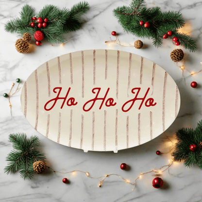 Extra Large 18" Red & White Ticking "Ho Ho Ho" Platter - Nifty Decor & More