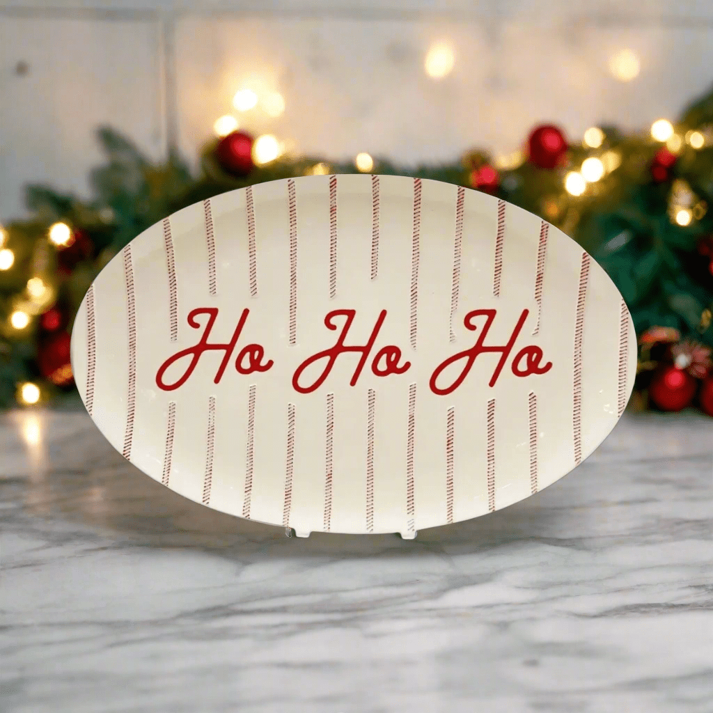 Extra Large 18" Red & White Ticking "Ho Ho Ho" Platter - Nifty Decor & More