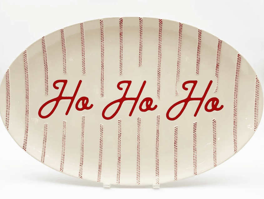 Extra Large 18" Red & White Ticking "Ho Ho Ho" Platter - Nifty Decor & More