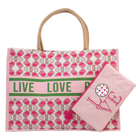 Pickleball & Tennis Juco Tote Bag, Trendy Sports Carryall, Great for On-the-Go, Awesome Gift for Sporty Souls Tote Bag Pink/Green/White