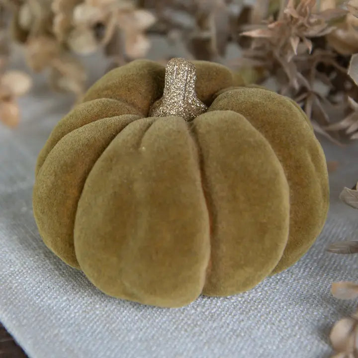 3" Green Flocked Pumpkin w/ Gold Stem