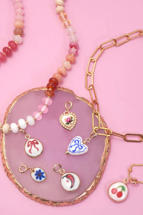 Porcelain Blue or Red bow & Cherry Charm, croquette preppy look, stylish accessory, gift for her