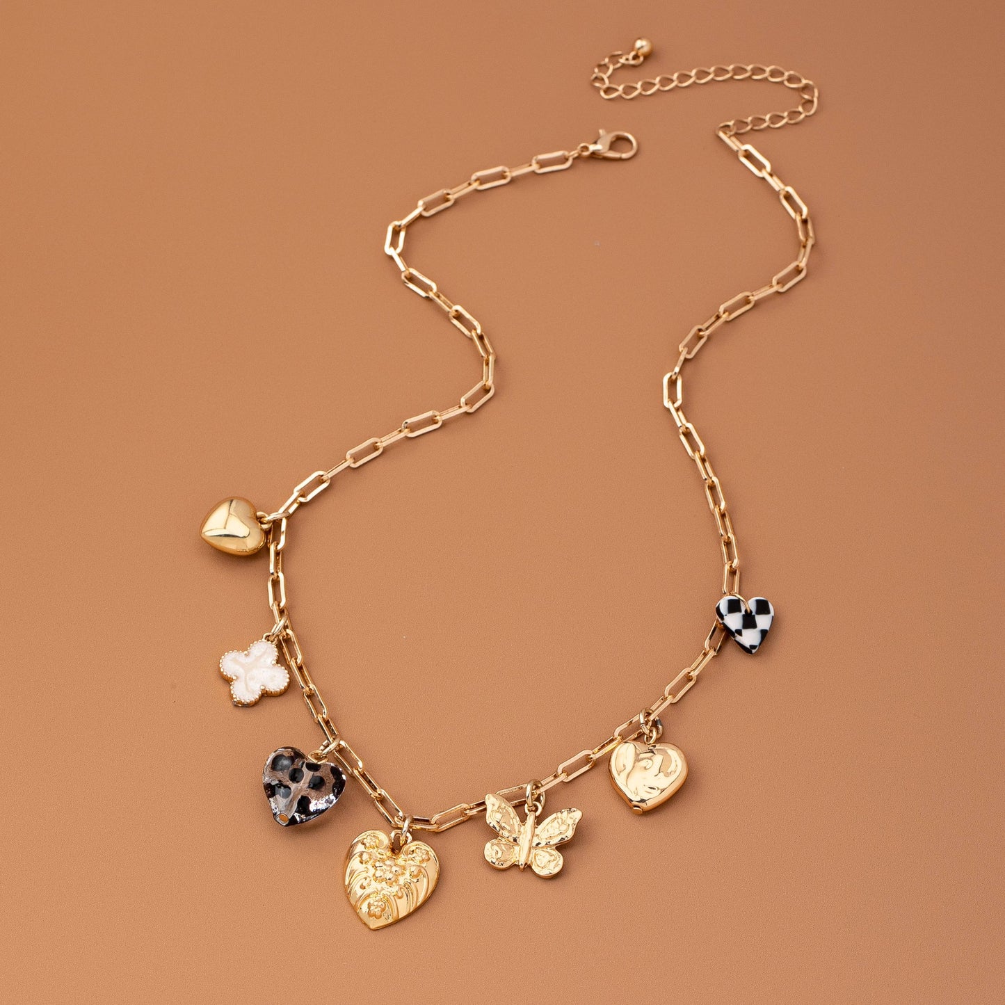 Hearts Checker Rhinestone Charm Necklace