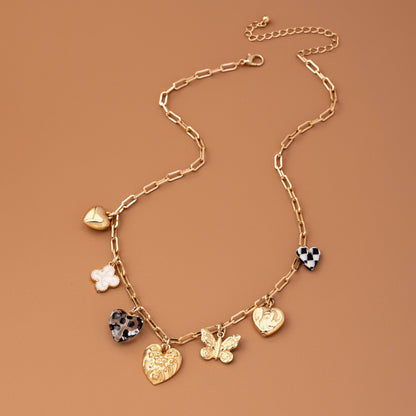 Hearts Checker Rhinestone Charm Necklace