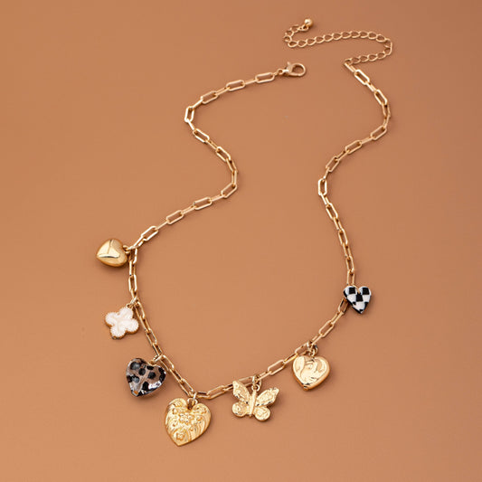 Hearts Checker Rhinestone Charm Necklace