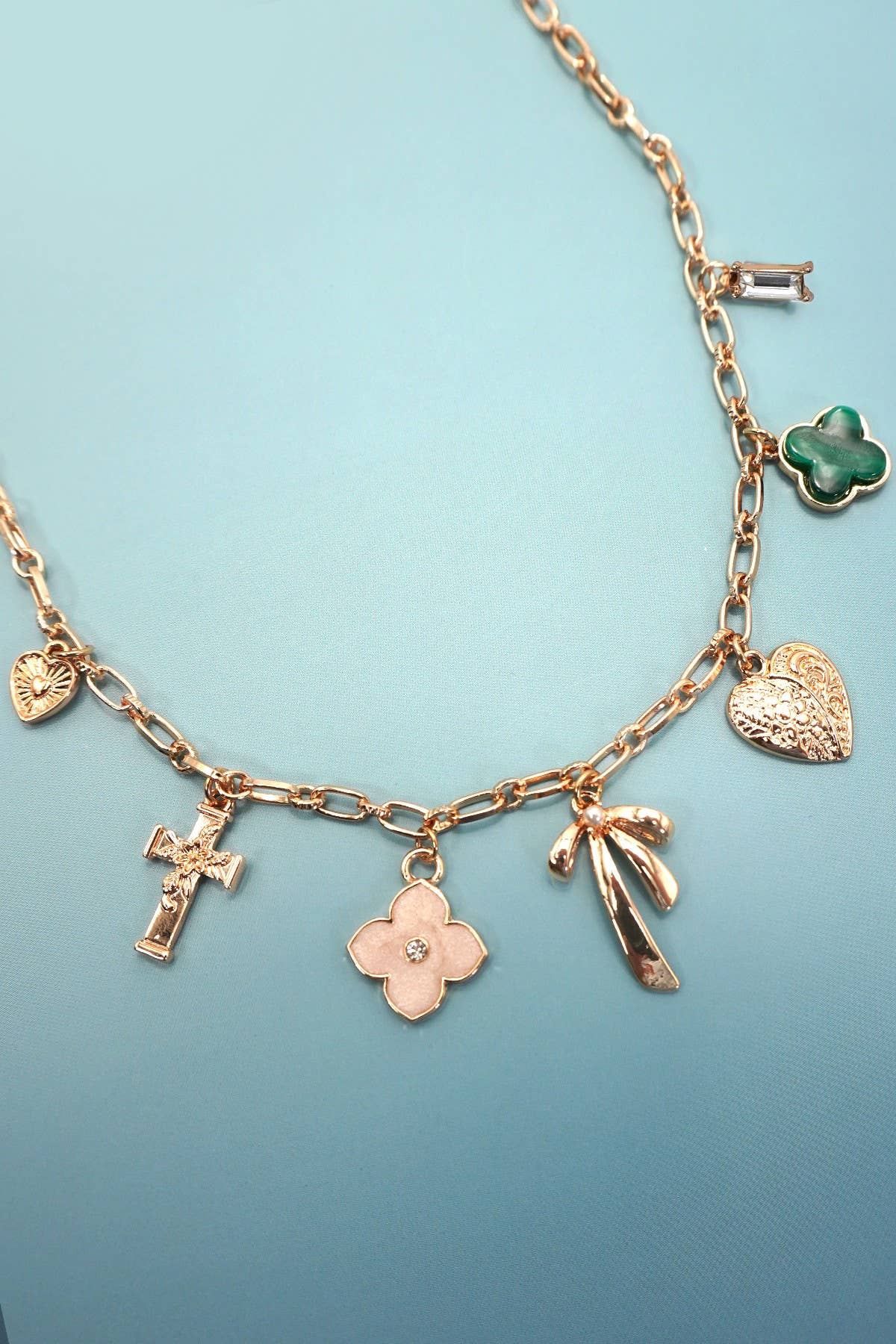 Green Clover Bow Cross Heart Charm Necklace