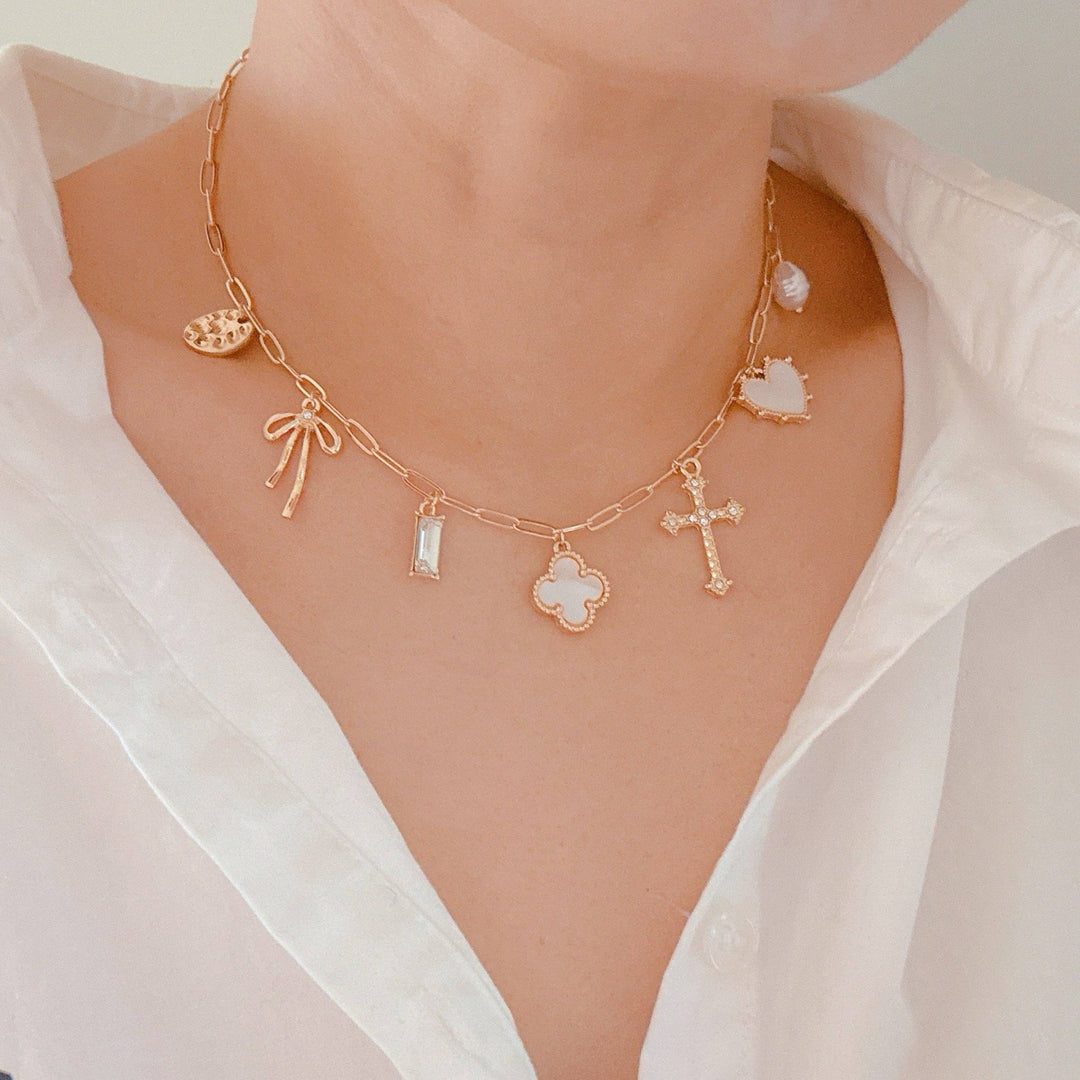 Cross Clover Multi Charm Necklace, Stylish Layered Gold Pendant, Perfect Add-On for Bracelet or Necklace, Trendy Gift for Her Charms with Necklace