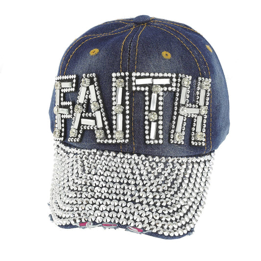 Faith Rhinestone Encrusted Denim Baseball Cap, Sparkling Religious Hat for Everyday Faithwear Gift Hats