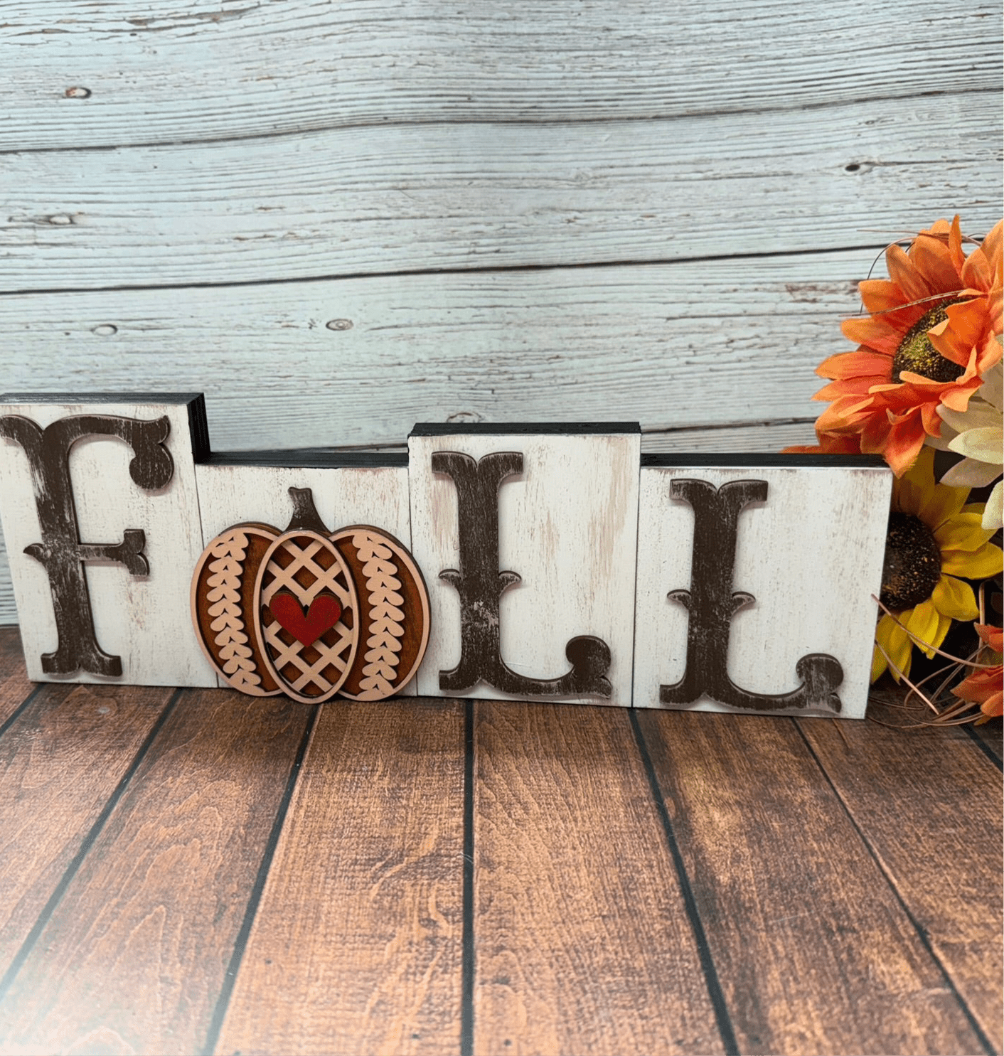 Fall Pumpkin Word Block, White Peach Orange Accent, Rustic Autumn Gift, Perfect for Fall Decor Lovers